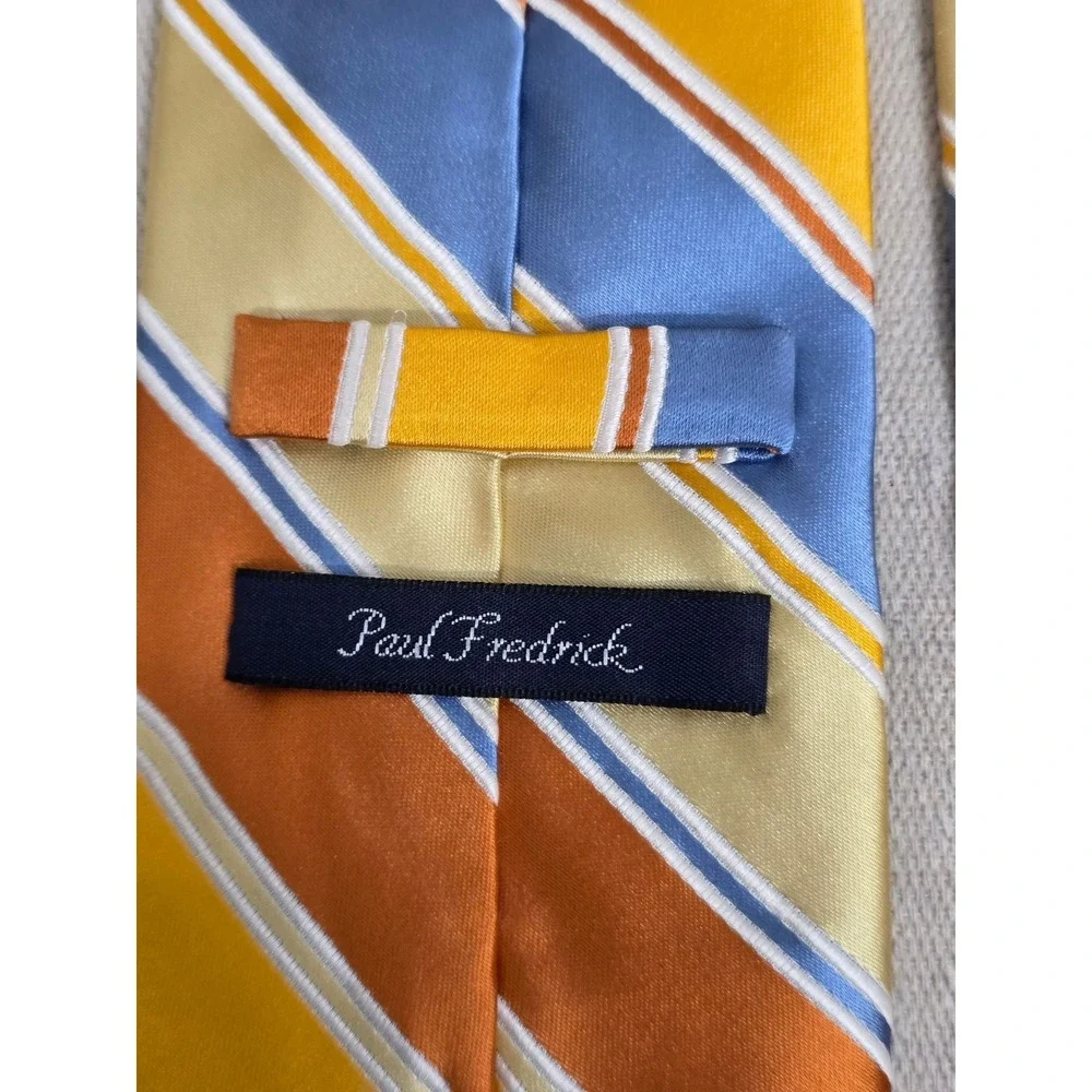 Paul‎ Fredrick Mens Silk Necktie Orange Blue Yellow Striped Handmade Tie